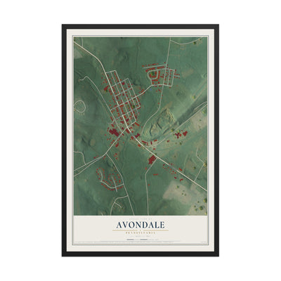 Map of Avondale, Pennsylvania, 12 x 18 inch print in a black wood frame