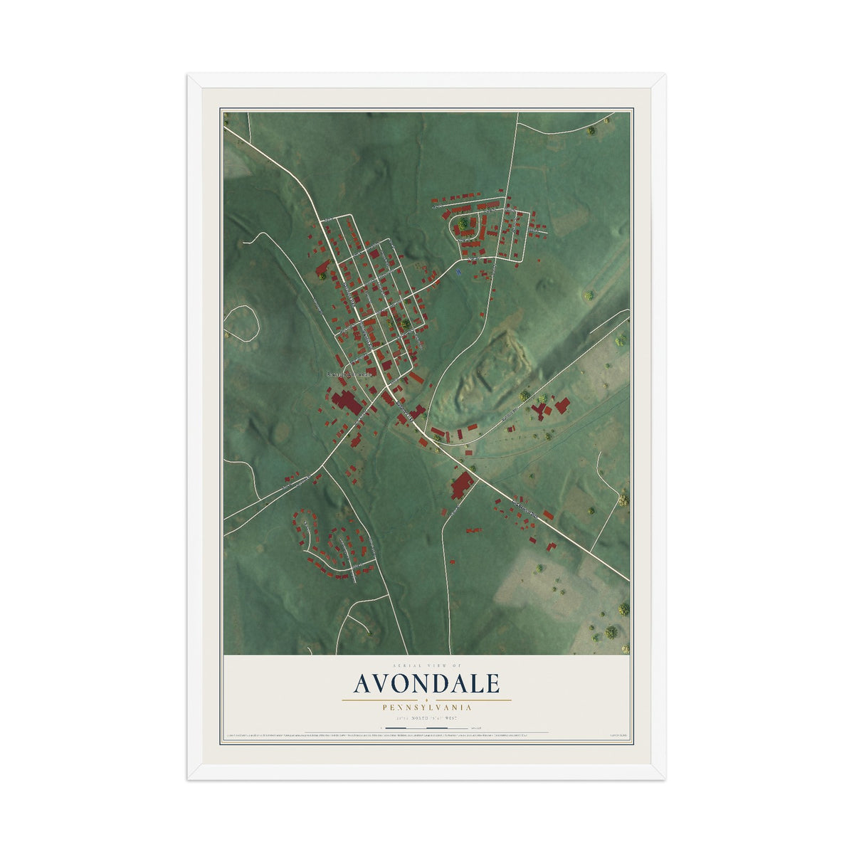 Map of Avondale, Pennsylvania, 12 x 18 inch print in a white wood frame