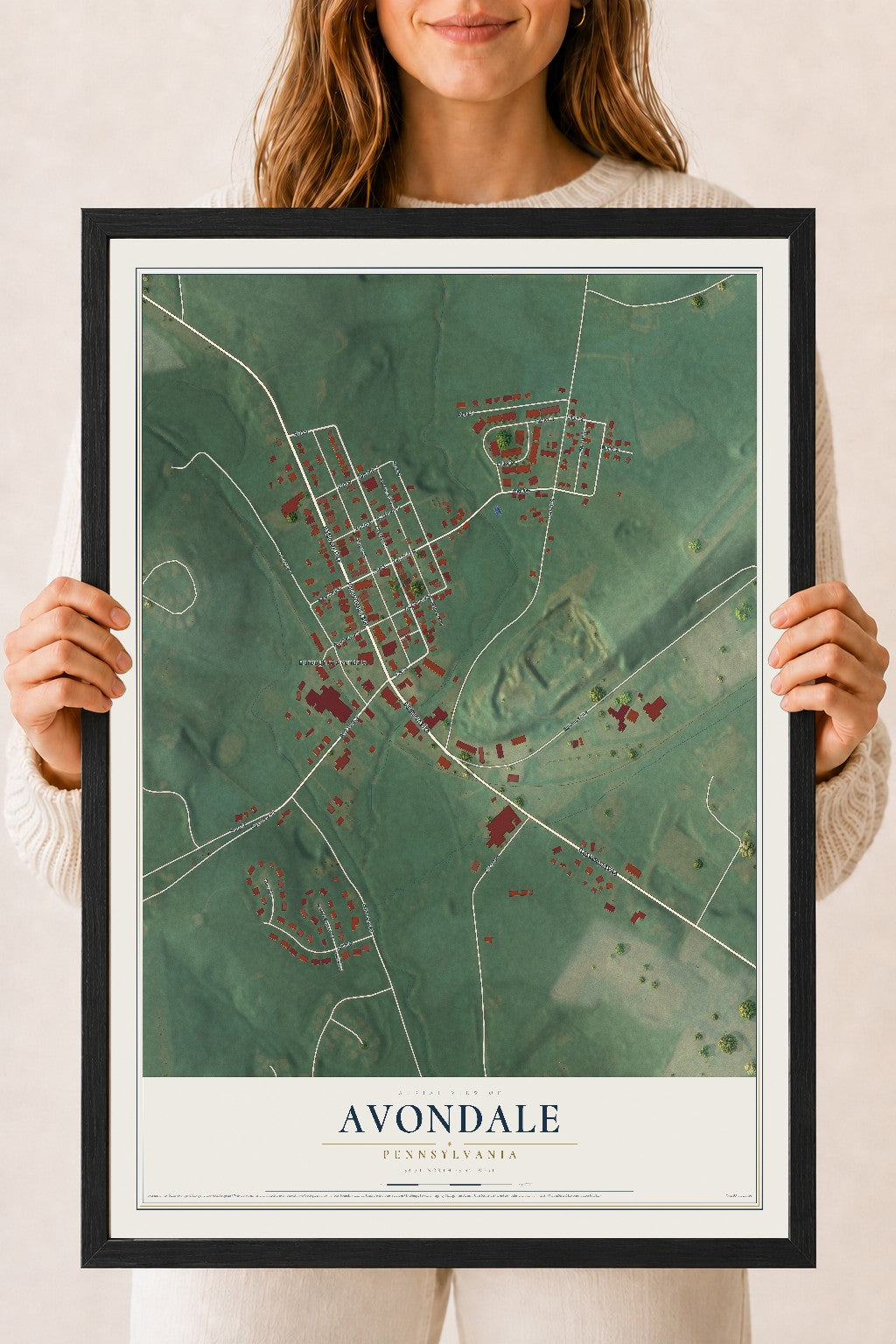 Map of Avondale, Pennsylvania, 18 x 24 inch print in a black wood frame