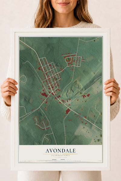 Map of Avondale, Pennsylvania, 18 x 24 inch print in a white wood frame