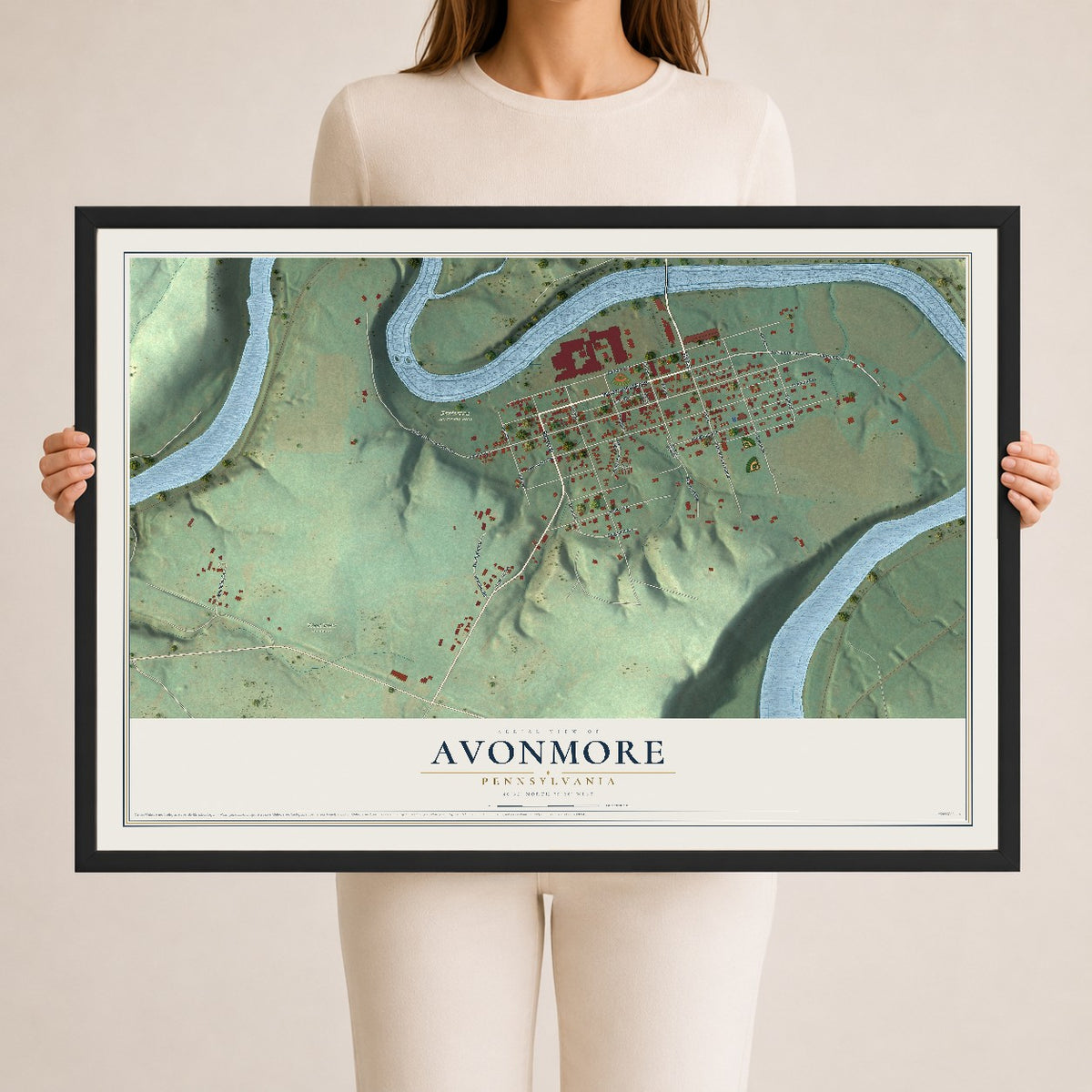 Map of Avonmore, Pennsylvania, 24 x 36 inch print in a black wood frame