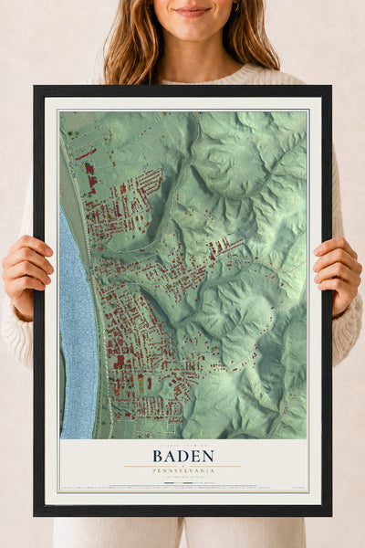 Map of Baden, Pennsylvania, 18 x 24 inch print in a black wood frame