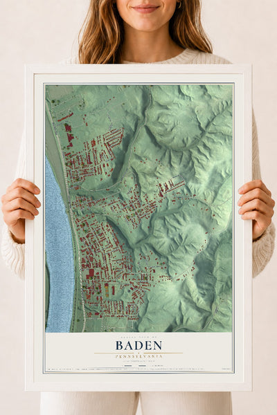Map of Baden, Pennsylvania, 18 x 24 inch print in a white wood frame