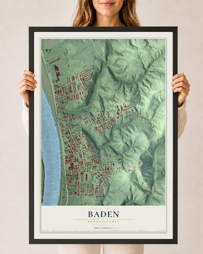 Map of Baden, Pennsylvania, 24 x 36 inch print in a black wood frame