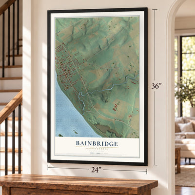 Bainbridge, Pennsylvania map, 24 x 36 inch print in a black frame by a staircase