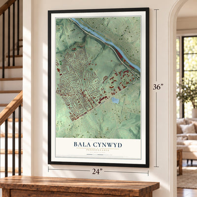 Bala Cynwyd, Pennsylvania map, 24 x 36 inch print in a black frame by a staircase