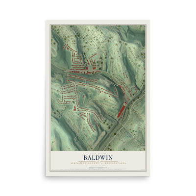 Map of Baldwin, Allegheny County, Pennsylvania, 12 x 18 inch unframed archival matte print