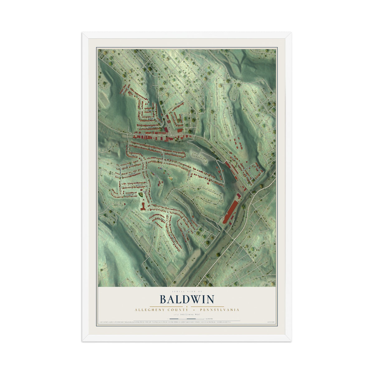 Map of Baldwin, Allegheny County, Pennsylvania, 12 x 18 inch print in a white wood frame