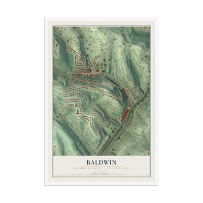 Map of Baldwin, Allegheny County, Pennsylvania, 12 x 18 inch print in a white wood frame