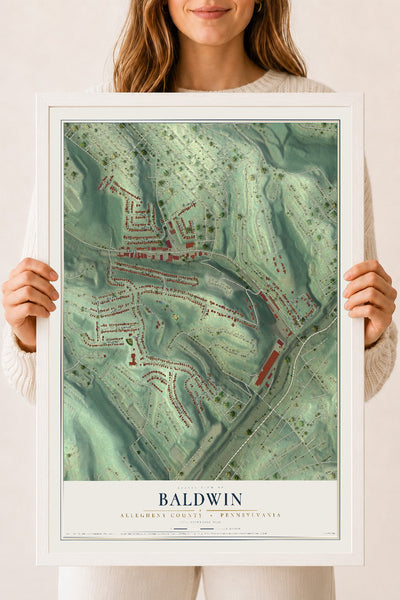 Map of Baldwin, Allegheny County, Pennsylvania, 18 x 24 inch print in a white wood frame