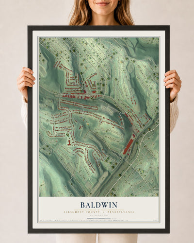 Map of Baldwin, Allegheny County, Pennsylvania, 24 x 36 inch print in a black wood frame