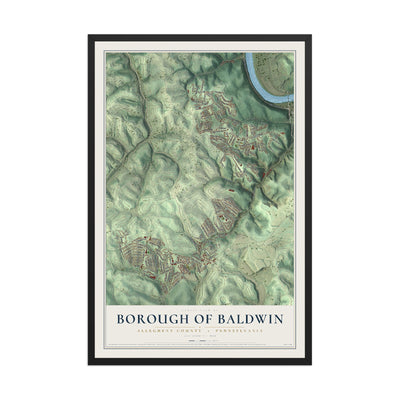 Map of the Borough of Baldwin, Allegheny County, Pennsylvania, 12 x 18 inch print in a black wood frame