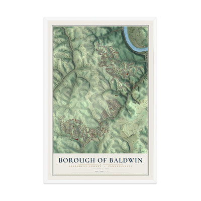 Map of the Borough of Baldwin, Allegheny County, Pennsylvania, 12 x 18 inch print in a white wood frame