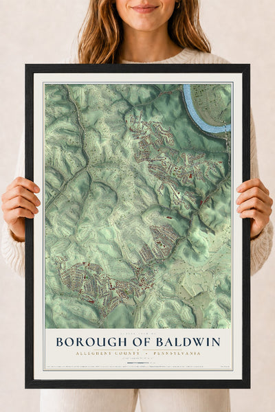 Map of the Borough of Baldwin, Allegheny County, Pennsylvania, 18 x 24 inch print in a black wood frame