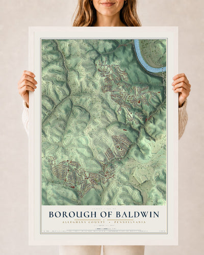 Map of the Borough of Baldwin, Allegheny County, Pennsylvania, 24 x 36 inch print in a white wood frame