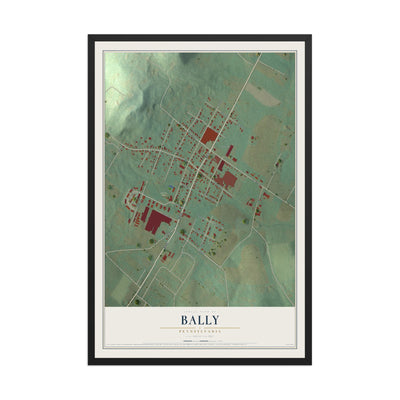 Map of Bally, Pennsylvania, 12 x 18 inch print in a black wood frame