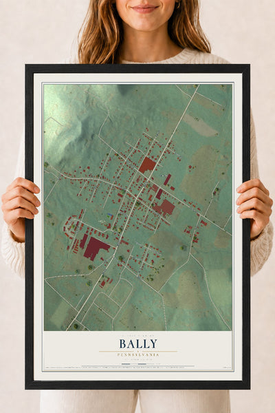 Map of Bally, Pennsylvania, 18 x 24 inch print in a black wood frame