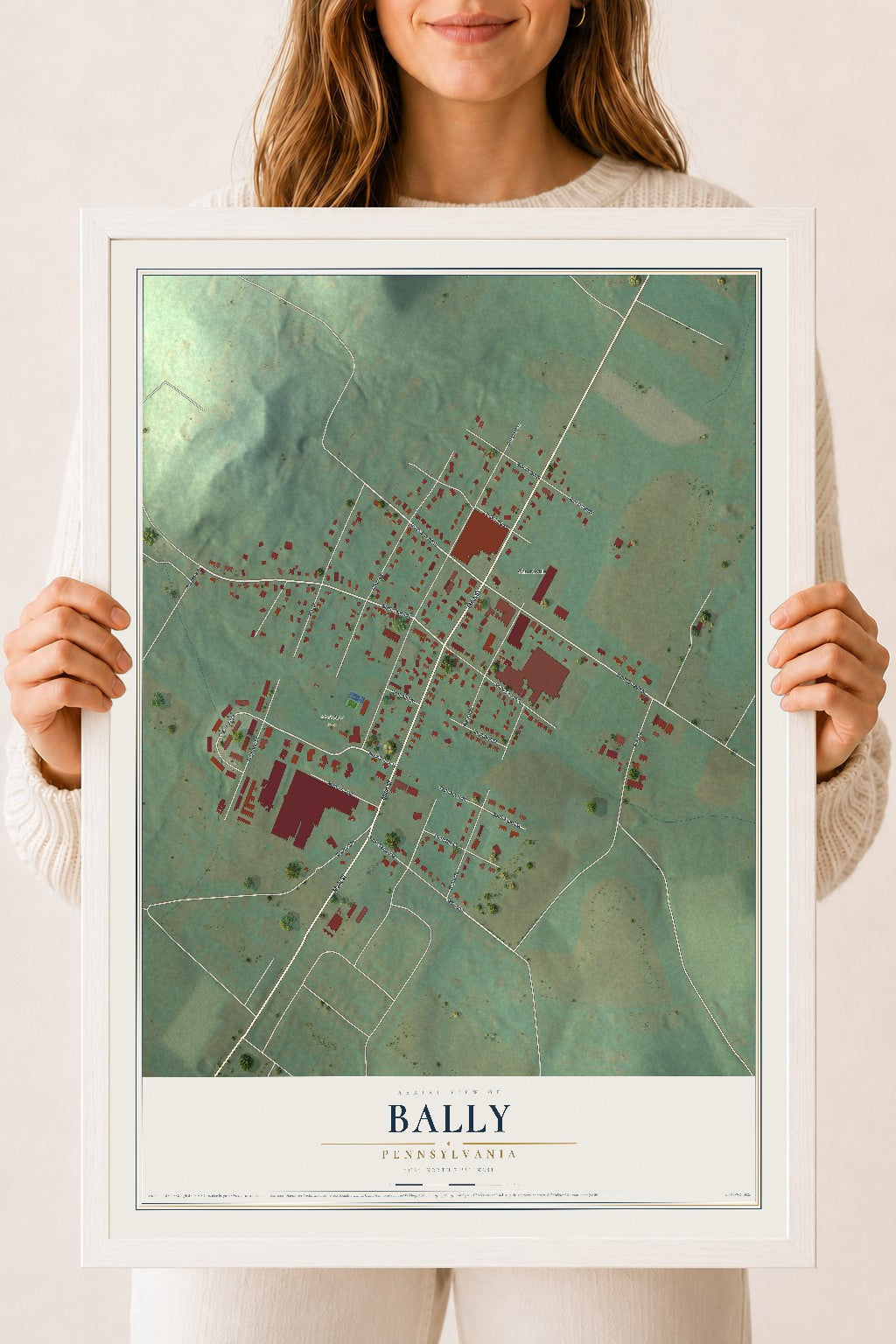 Map of Bally, Pennsylvania, 18 x 24 inch print in a white wood frame