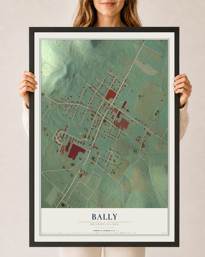 Map of Bally, Pennsylvania, 24 x 36 inch print in a black wood frame