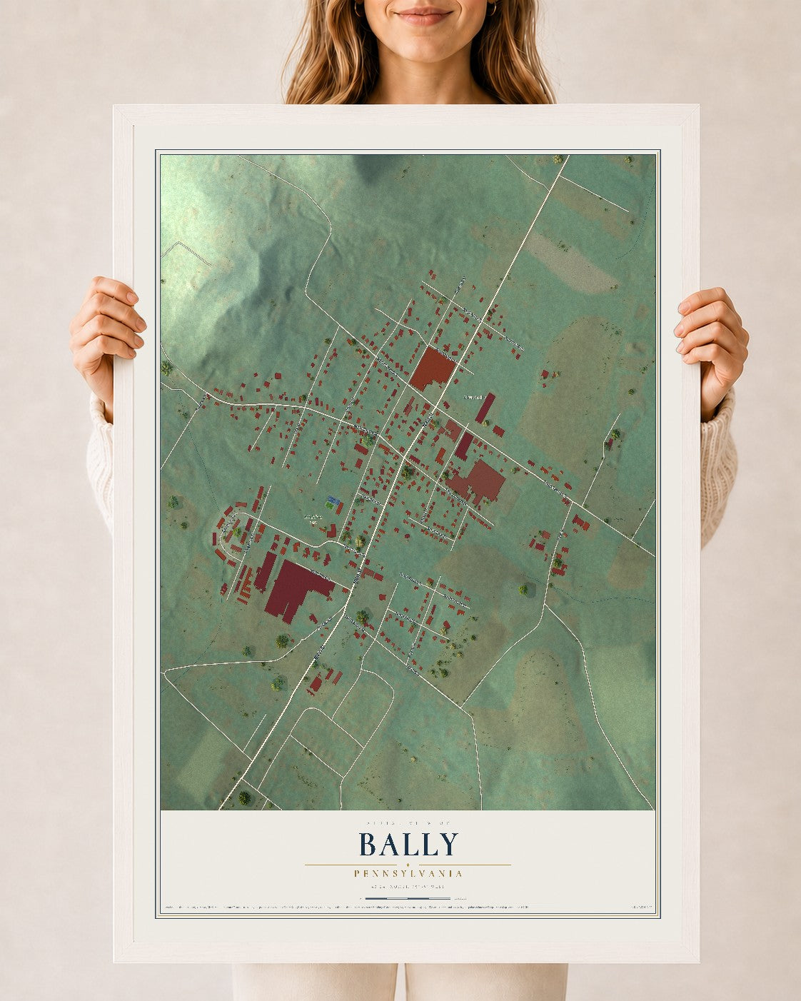Map of Bally, Pennsylvania, 24 x 36 inch print in a white wood frame