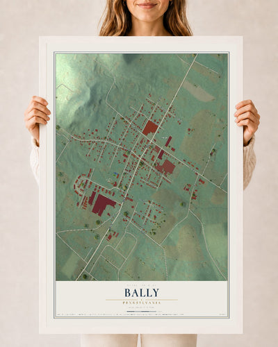 Map of Bally, Pennsylvania, 24 x 36 inch print in a white wood frame