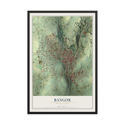 Map of Bangor, Pennsylvania, 12 x 18 inch print in a black wood frame