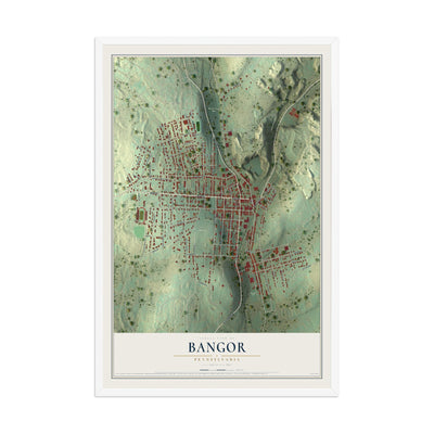 Map of Bangor, Pennsylvania, 12 x 18 inch print in a white wood frame