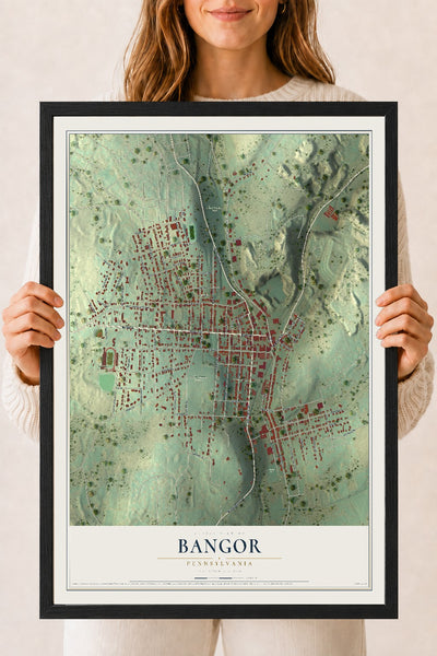 Map of Bangor, Pennsylvania, 18 x 24 inch print in a black wood frame