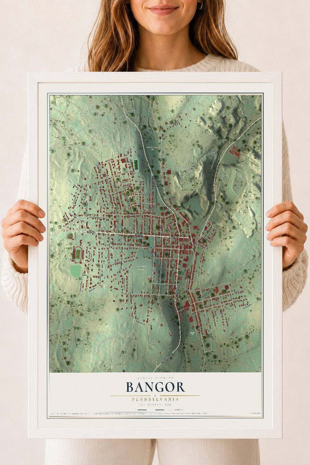 Map of Bangor, Pennsylvania, 18 x 24 inch print in a white wood frame
