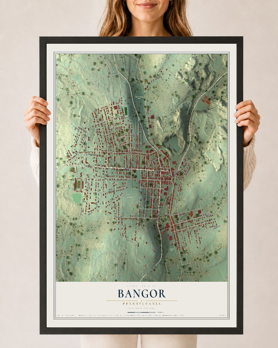 Map of Bangor, Pennsylvania, 24 x 36 inch print in a black wood frame