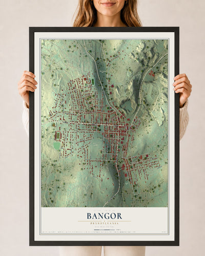Map of Bangor, Pennsylvania, 24 x 36 inch print in a black wood frame