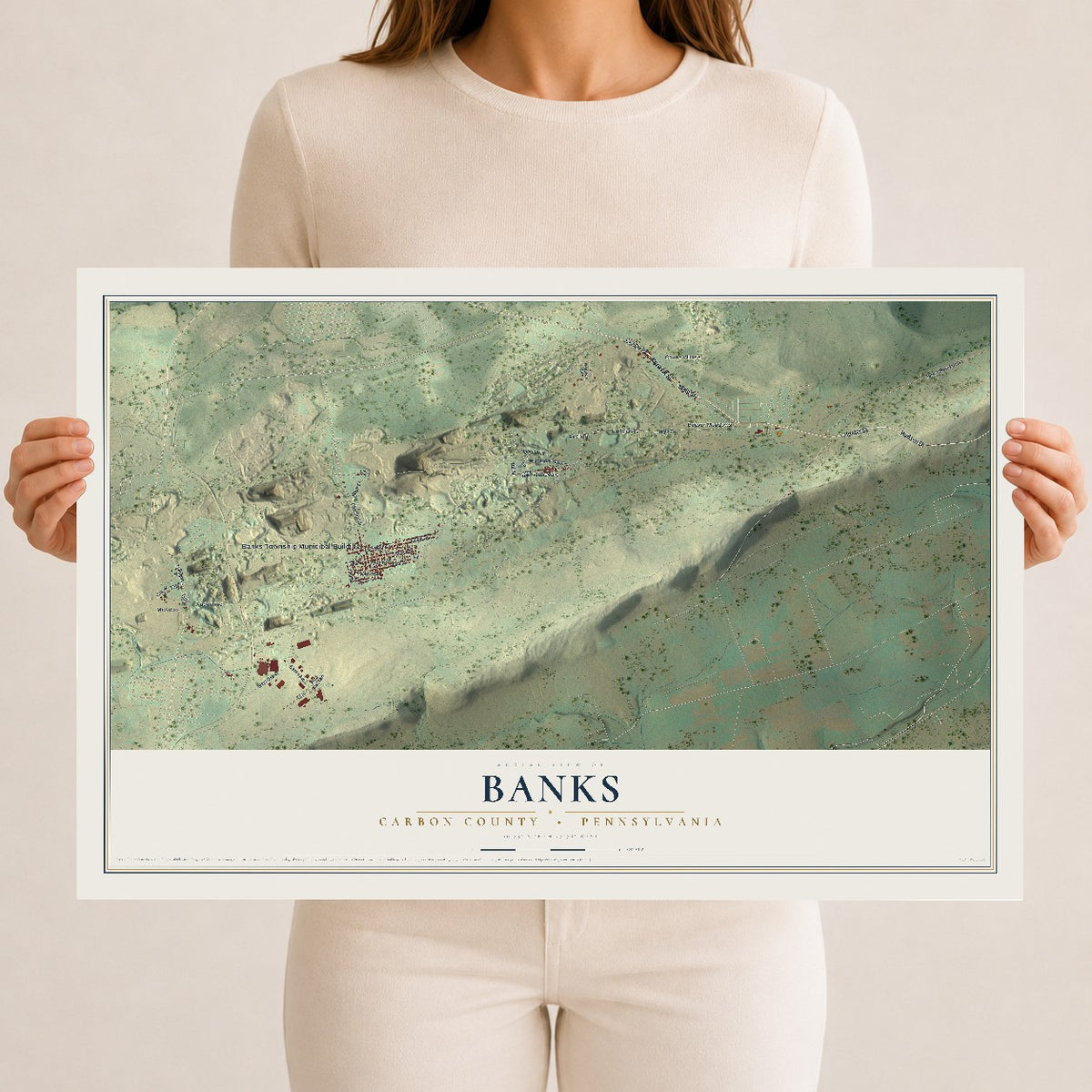 Map of Banks, Carbon County, Pennsylvania, 12 x 18 inch unframed archival matte print
