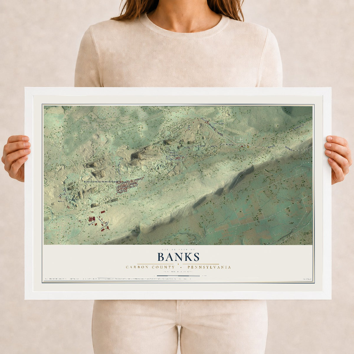 Map of Banks, Carbon County, Pennsylvania, 12 x 18 inch print in a white wood frame