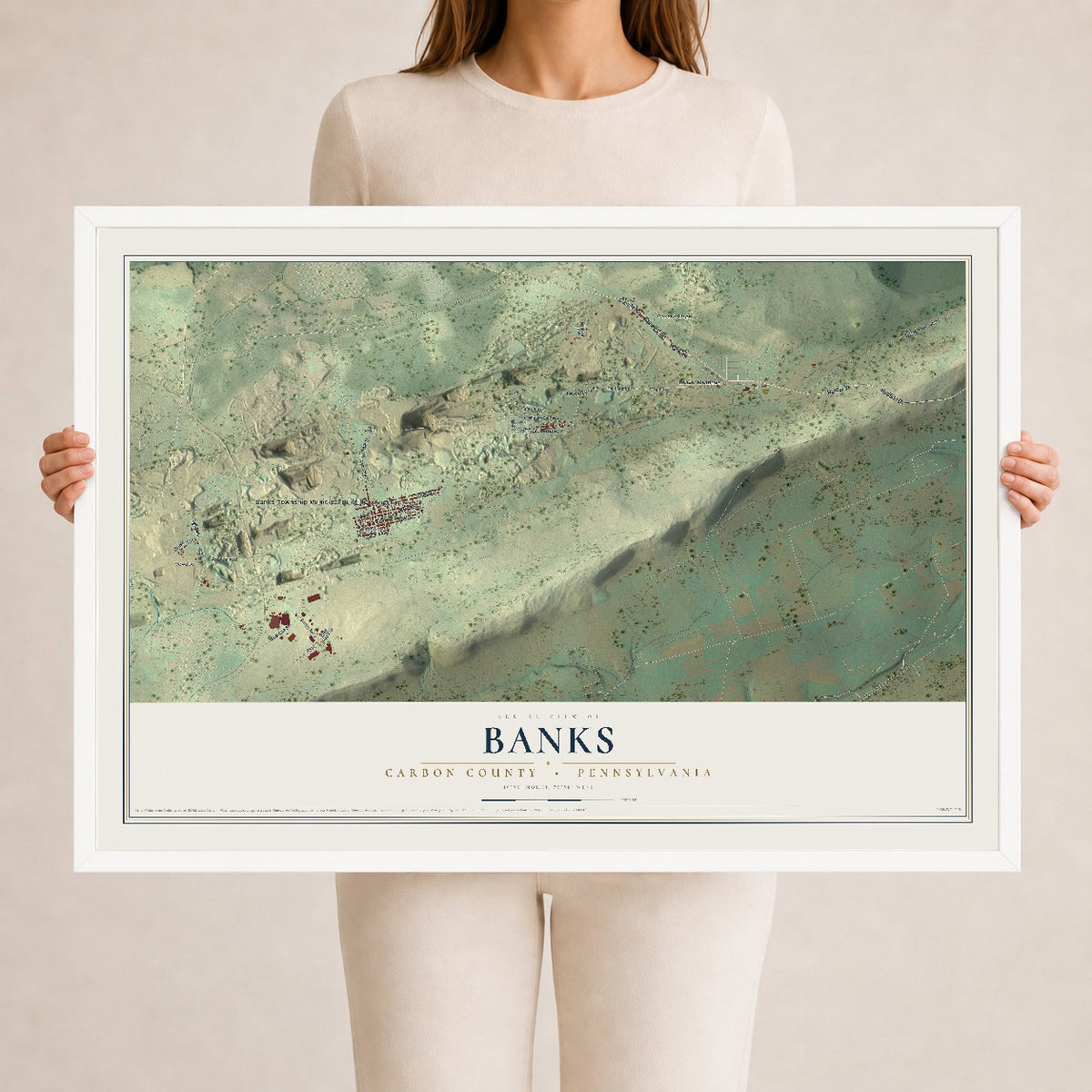 Map of Banks, Carbon County, Pennsylvania, 24 x 36 inch print in a white wood frame