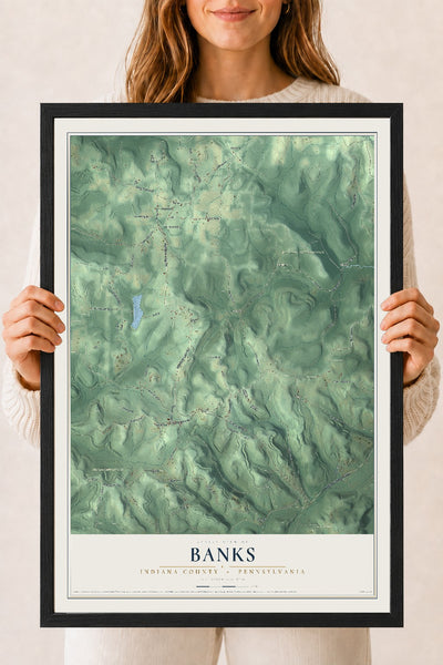 Map of Banks, Indiana County, Pennsylvania, 18 x 24 inch print in a black wood frame