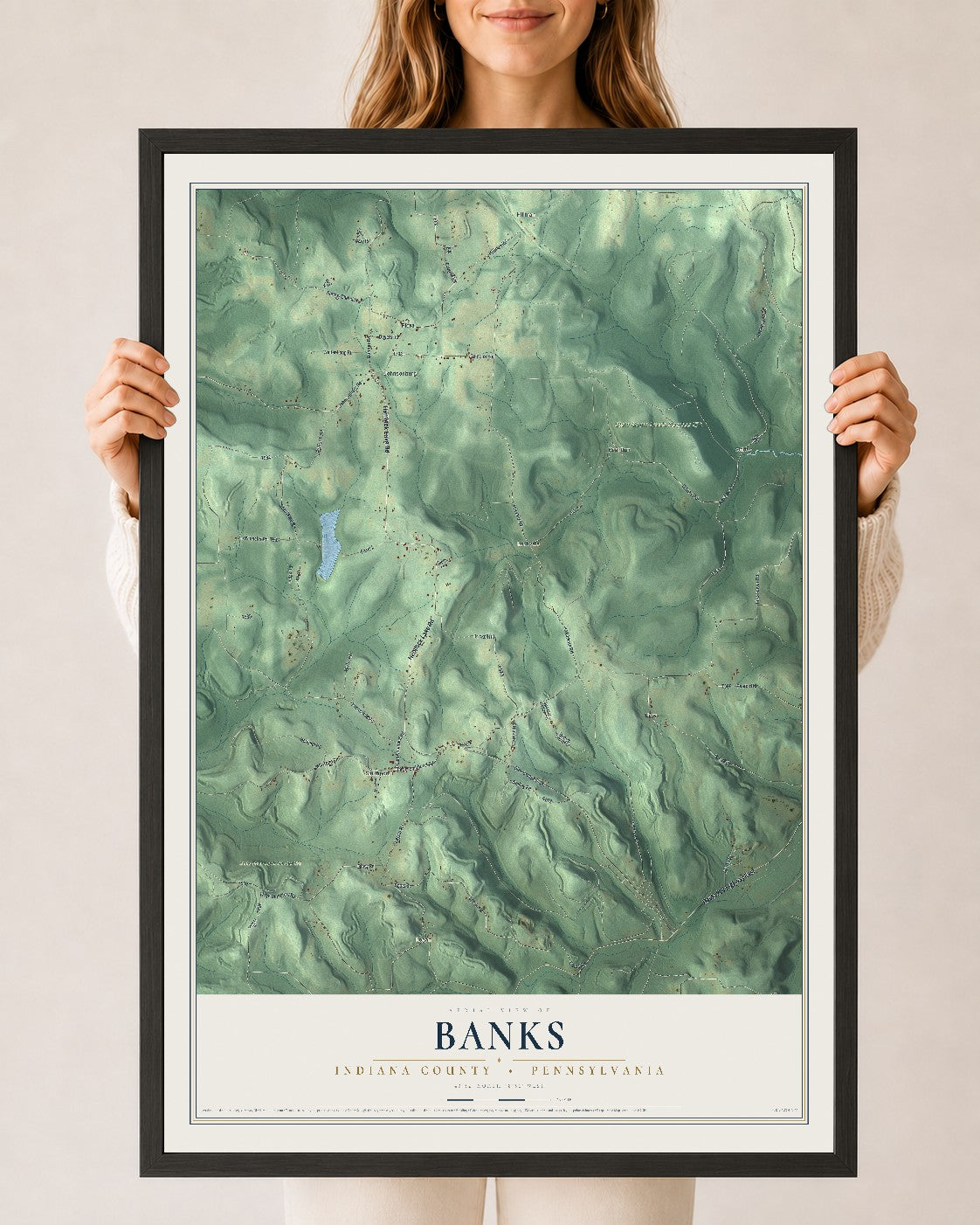 Map of Banks, Indiana County, Pennsylvania, 24 x 36 inch print in a black wood frame