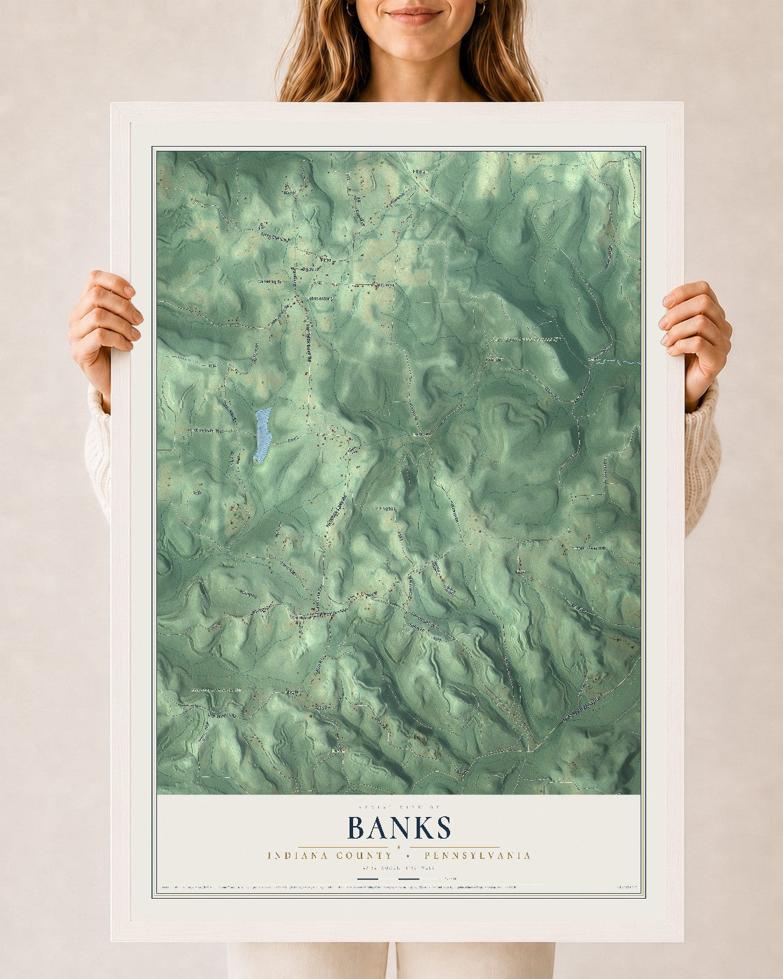 Map of Banks, Indiana County, Pennsylvania, 24 x 36 inch print in a white wood frame