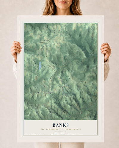 Map of Banks, Indiana County, Pennsylvania, 24 x 36 inch print in a white wood frame