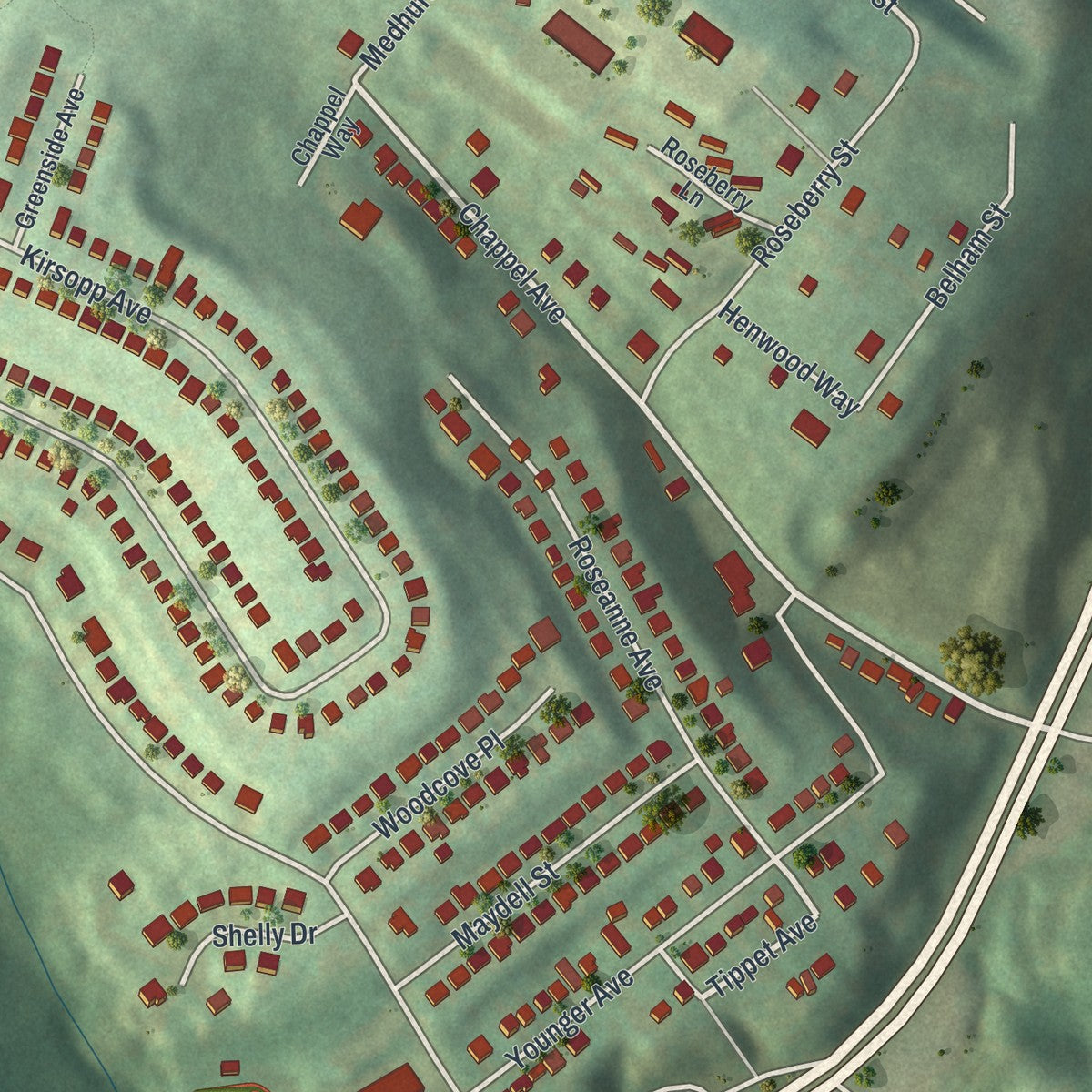 Second close-up of the map of Banksville, Pennsylvania print showing more streets and buildings