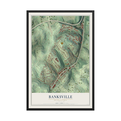 Map of Banksville, Pennsylvania, 12 x 18 inch print in a black wood frame