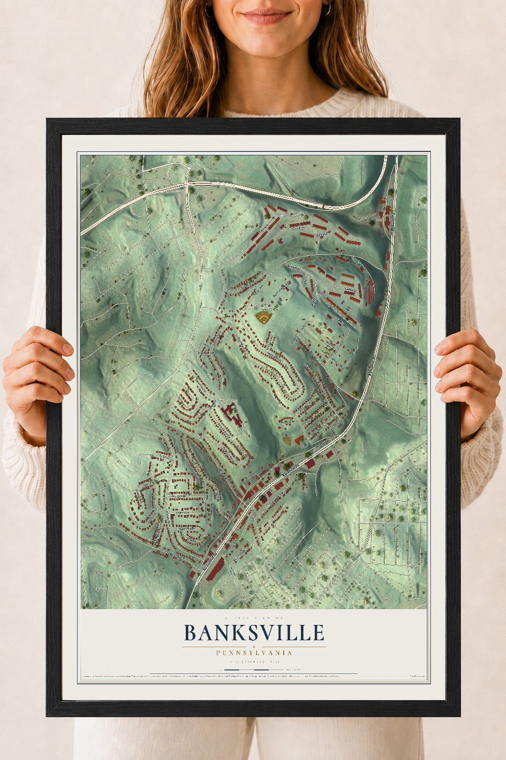 Map of Banksville, Pennsylvania, 18 x 24 inch print in a black wood frame