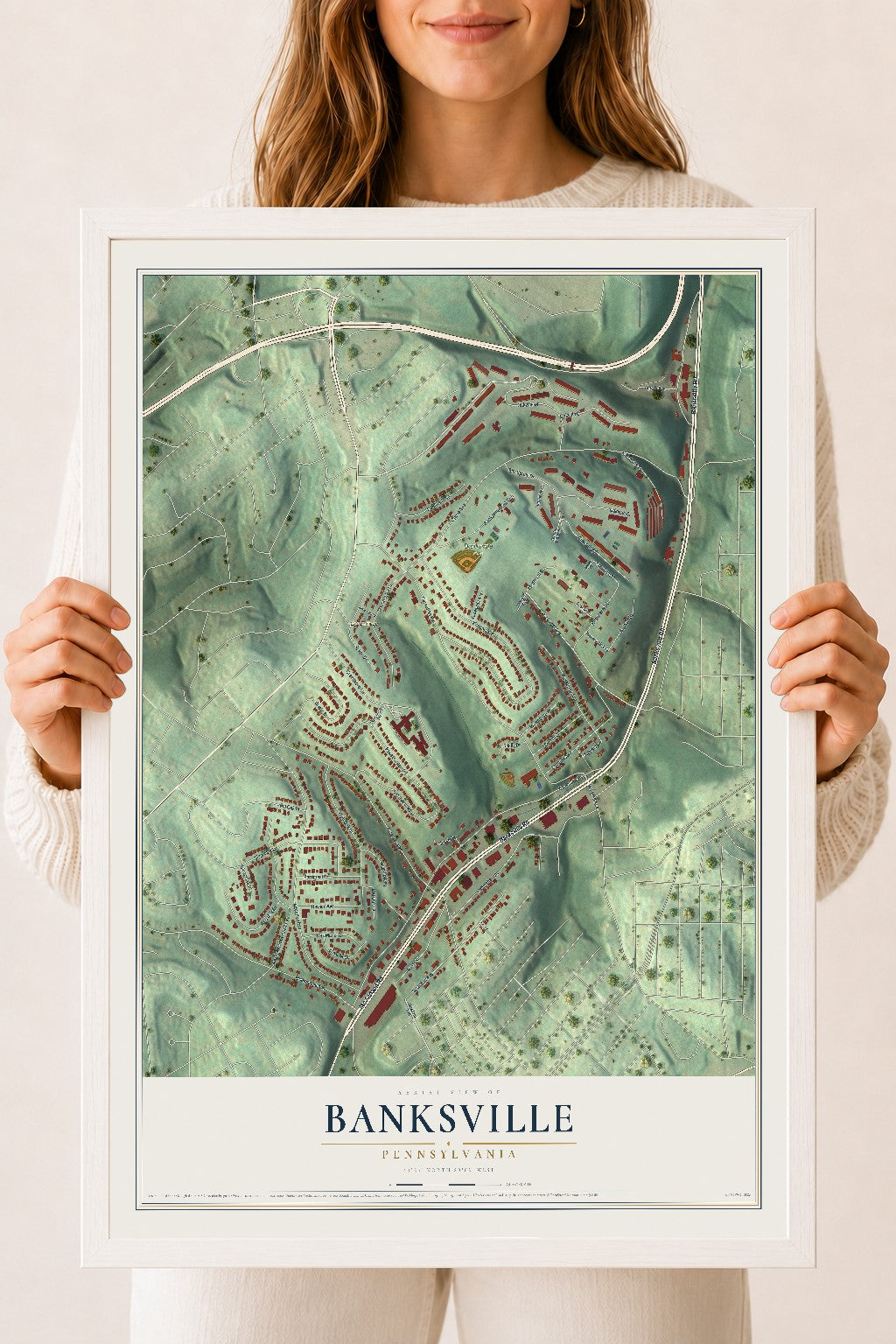Map of Banksville, Pennsylvania, 18 x 24 inch print in a white wood frame