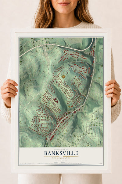 Map of Banksville, Pennsylvania, 18 x 24 inch print in a white wood frame