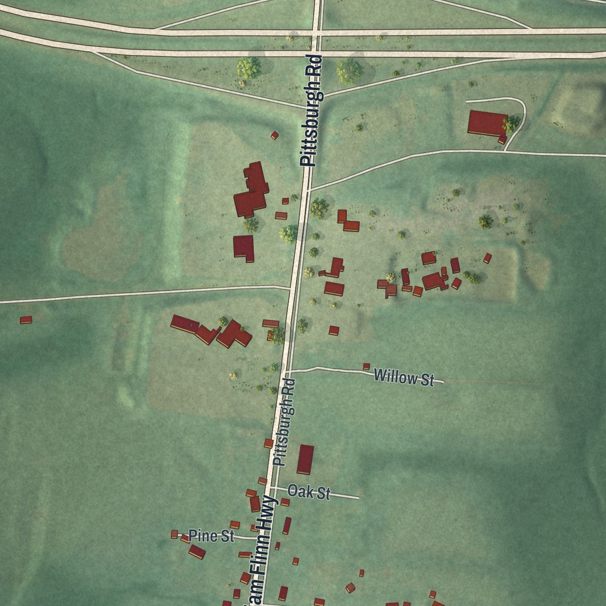 Close-up of the map of Barkeyville, Pennsylvania print showing street and building detail
