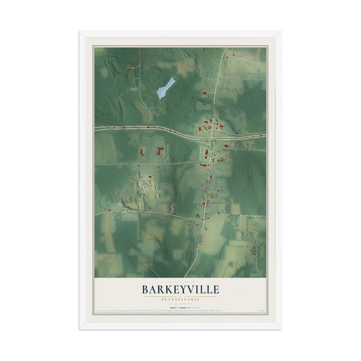 Map of Barkeyville, Pennsylvania, 12 x 18 inch print in a white wood frame