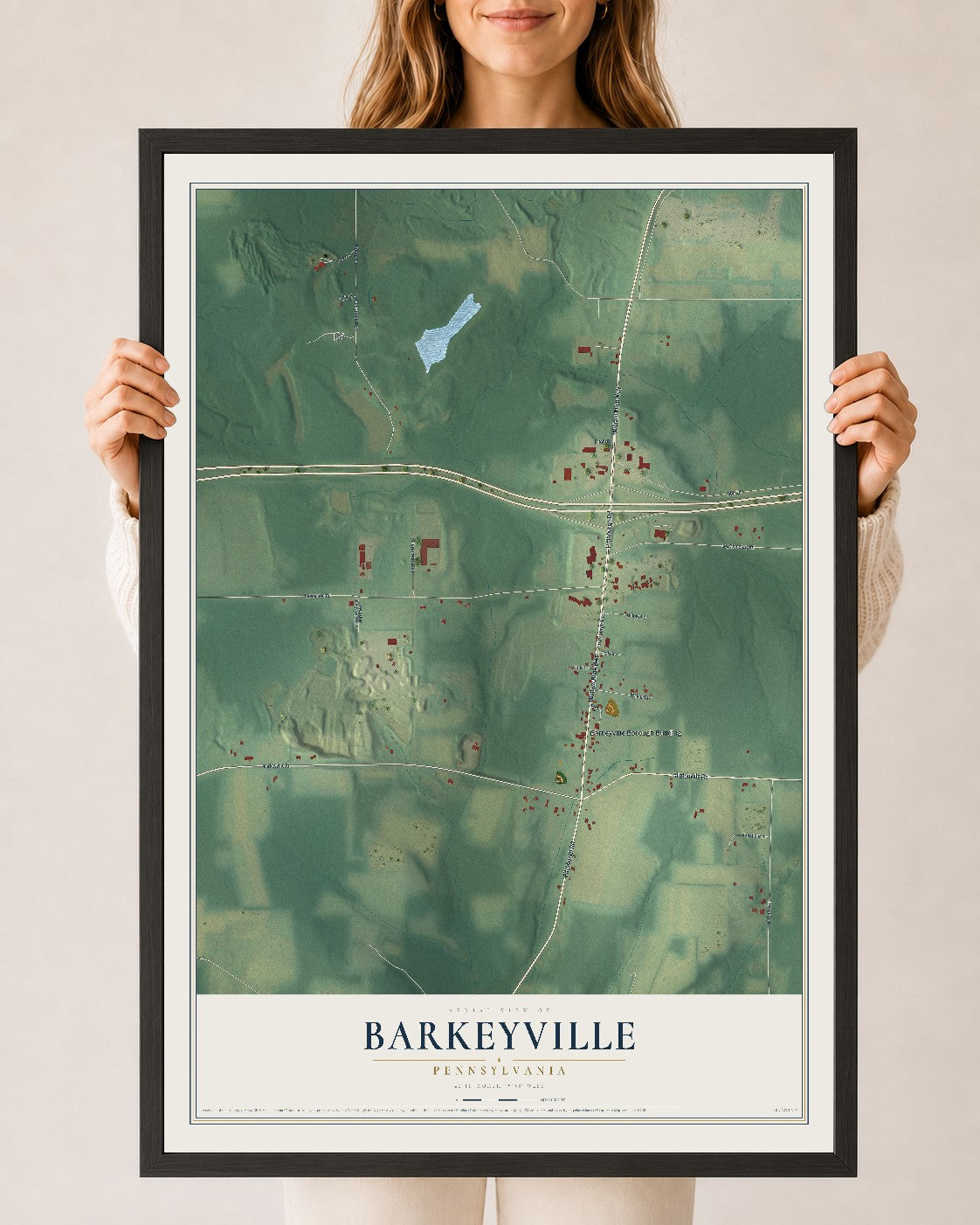 Map of Barkeyville, Pennsylvania, 24 x 36 inch print in a black wood frame