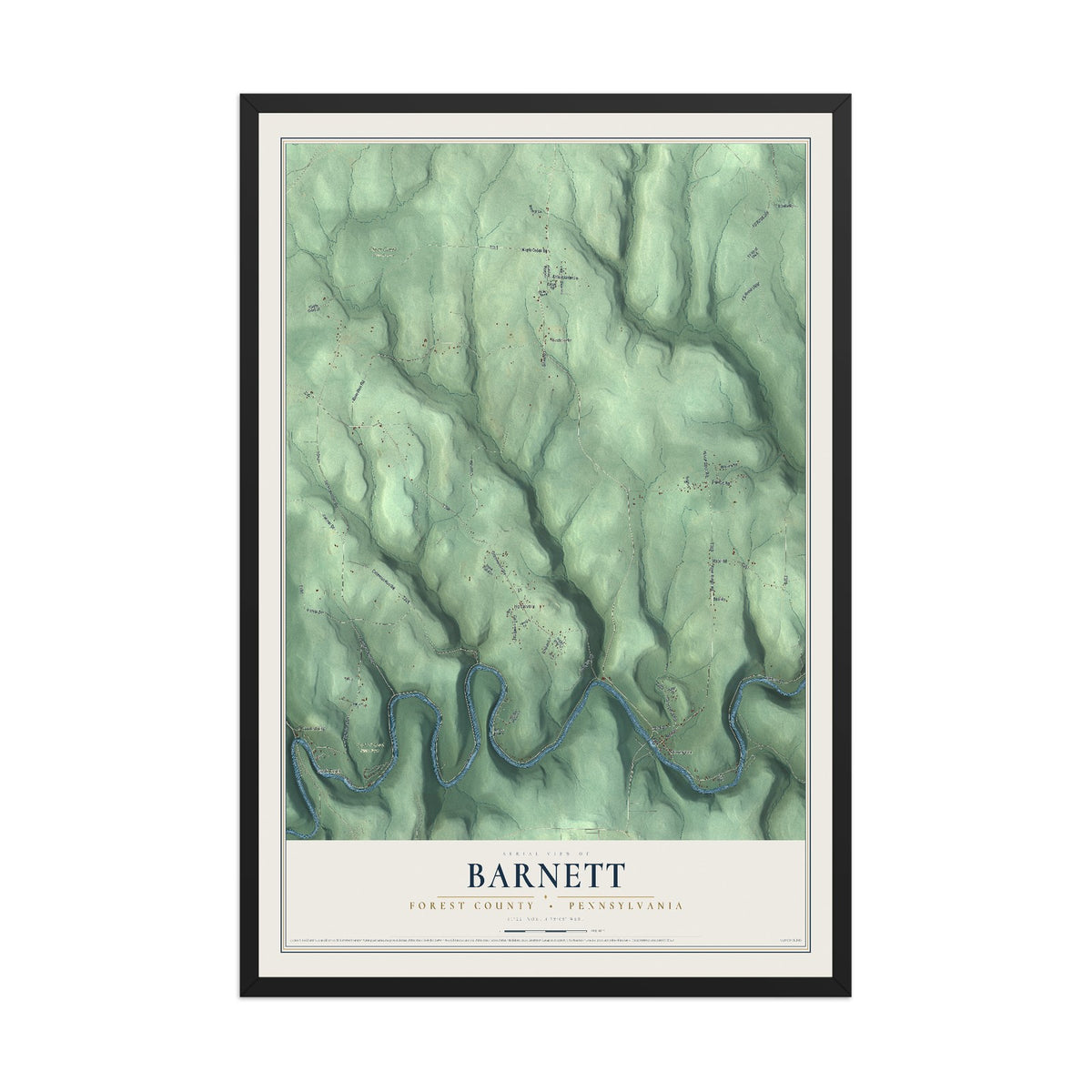 Map of Barnett, Forest County, Pennsylvania, 12 x 18 inch print in a black wood frame