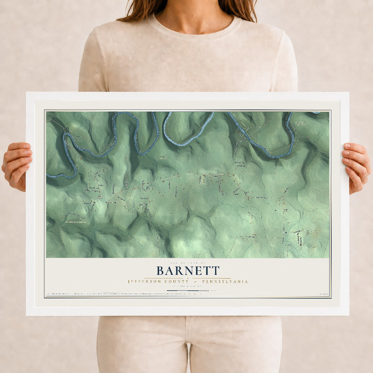 Map of Barnett, Jefferson County, Pennsylvania, 12 x 18 inch print in a white wood frame