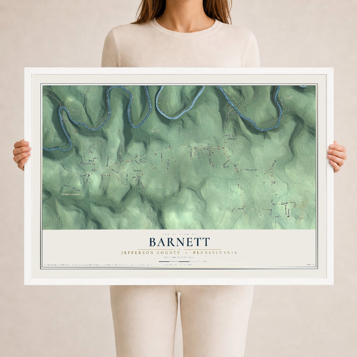 Map of Barnett, Jefferson County, Pennsylvania, 24 x 36 inch print in a white wood frame