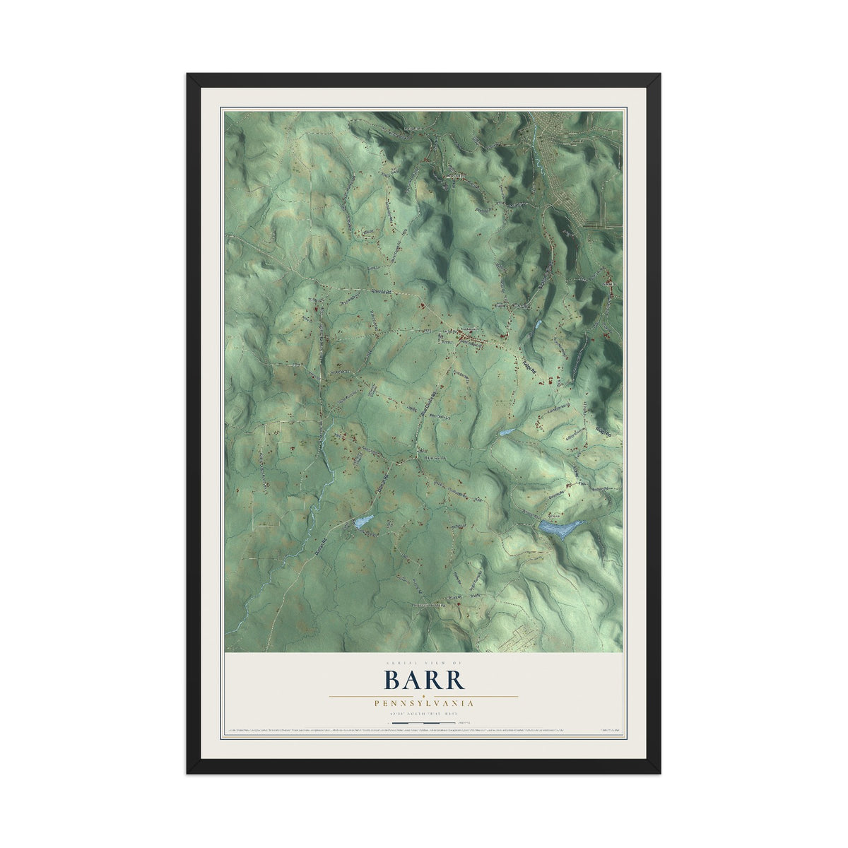 Map of Barr, Pennsylvania, 12 x 18 inch print in a black wood frame